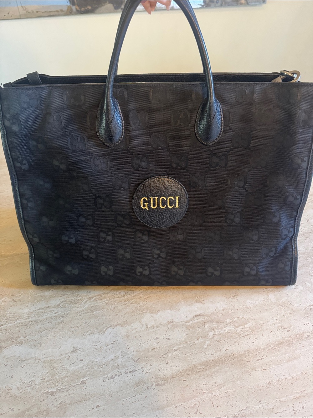 Gucci Black GG Canvas Tote with Gold Logo Patch